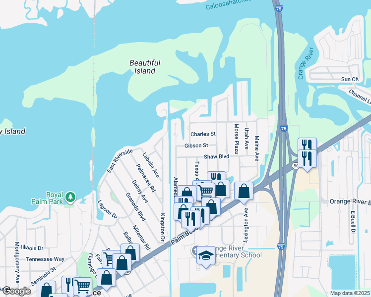 map of restaurants, bars, coffee shops, grocery stores, and more near 112 Gibson Street in Fort Myers