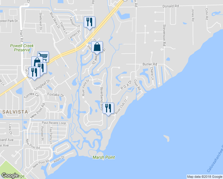 map of restaurants, bars, coffee shops, grocery stores, and more near 15221 Sam Snead Lane in North Fort Myers