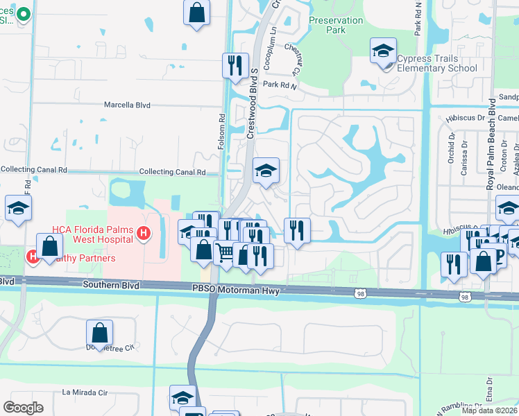 map of restaurants, bars, coffee shops, grocery stores, and more near 200 Crestwood Court North in Royal Palm Beach