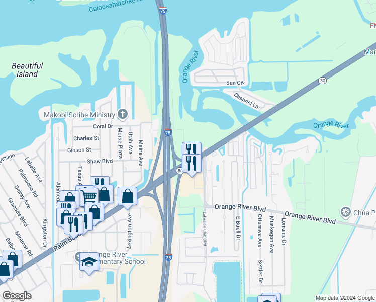 map of restaurants, bars, coffee shops, grocery stores, and more near 187 Louise Street in Fort Myers