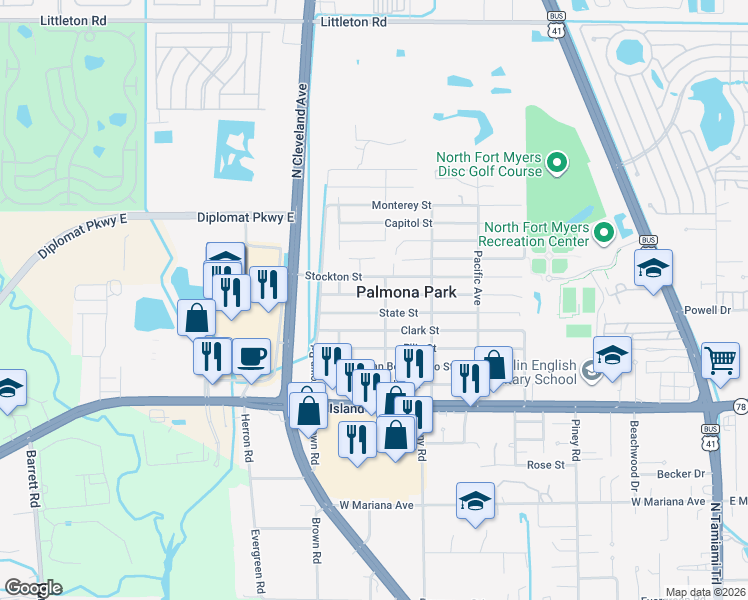 map of restaurants, bars, coffee shops, grocery stores, and more near 544 Sacramento Street in North Fort Myers