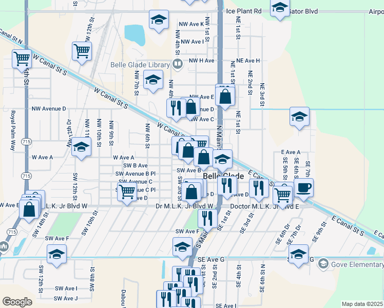 map of restaurants, bars, coffee shops, grocery stores, and more near 125 Northwest 2nd Street in Belle Glade