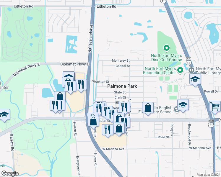 map of restaurants, bars, coffee shops, grocery stores, and more near 543 Sacramento Street in North Fort Myers