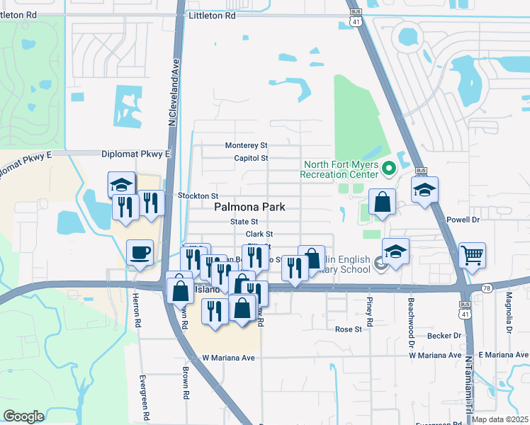 map of restaurants, bars, coffee shops, grocery stores, and more near 415 Sacramento Street in North Fort Myers