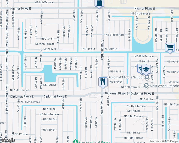 map of restaurants, bars, coffee shops, grocery stores, and more near 1734 Northeast 7th Avenue in Cape Coral