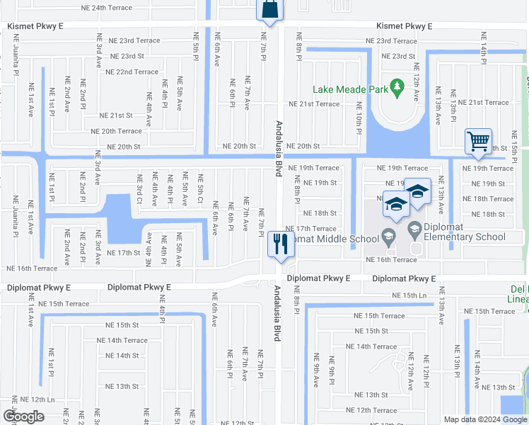 map of restaurants, bars, coffee shops, grocery stores, and more near 1733 Northeast 7th Place in Cape Coral