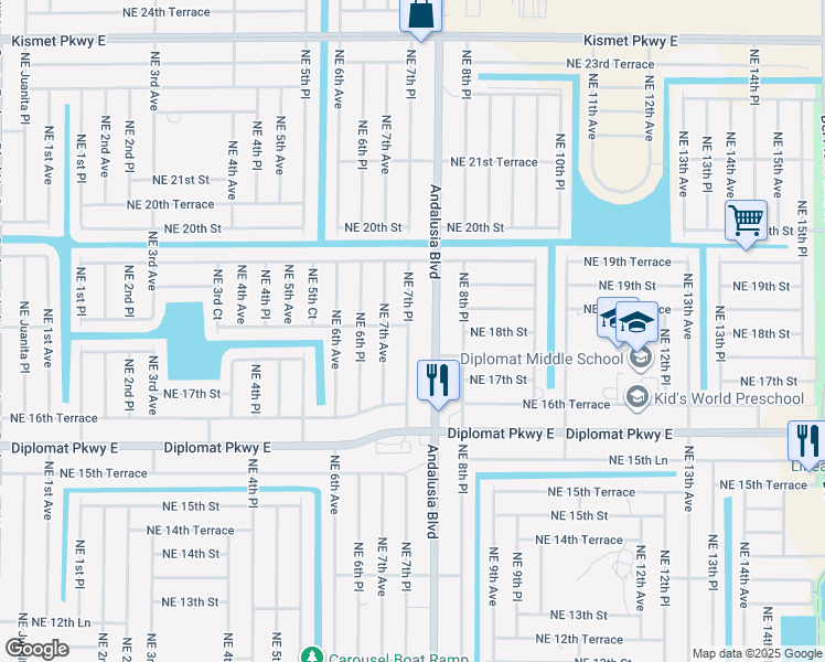 map of restaurants, bars, coffee shops, grocery stores, and more near 1804 Northeast 7th Place in Cape Coral