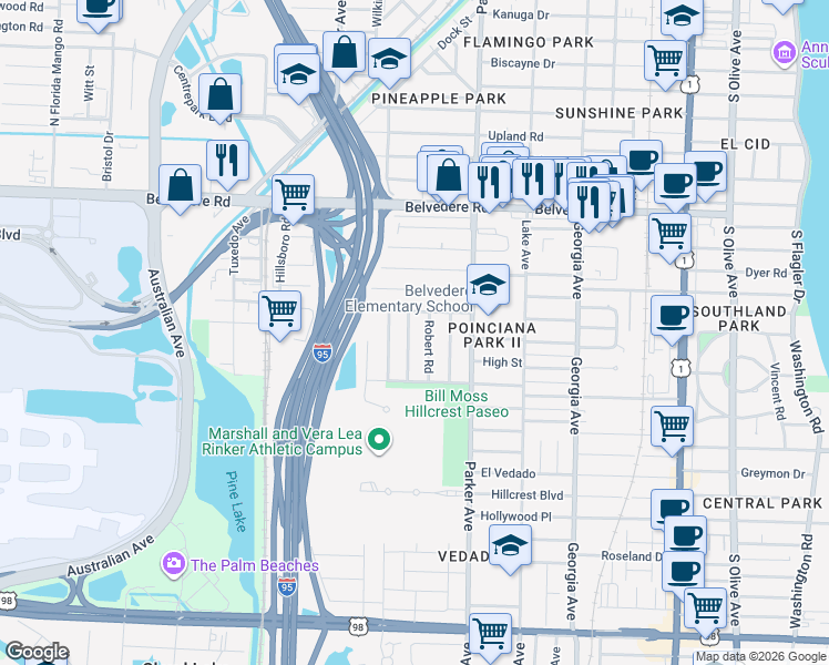 map of restaurants, bars, coffee shops, grocery stores, and more near 3004 Ridgeway Avenue in West Palm Beach