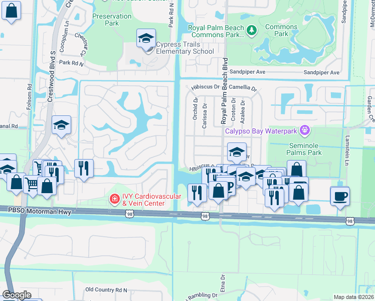 map of restaurants, bars, coffee shops, grocery stores, and more near 763 Hibiscus Drive in Royal Palm Beach