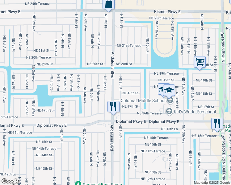 map of restaurants, bars, coffee shops, grocery stores, and more near 1813 Andalusia Boulevard in Cape Coral