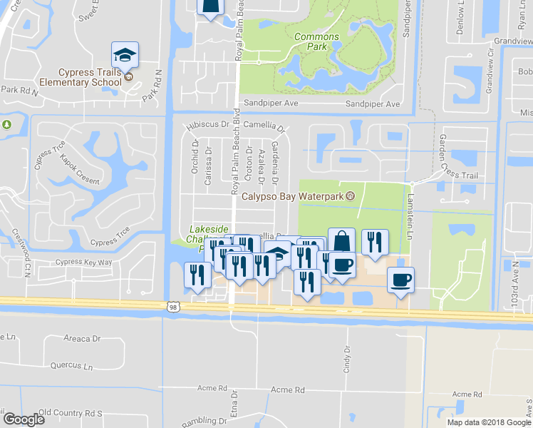 map of restaurants, bars, coffee shops, grocery stores, and more near 11600 Balsam Drive in Royal Palm Beach