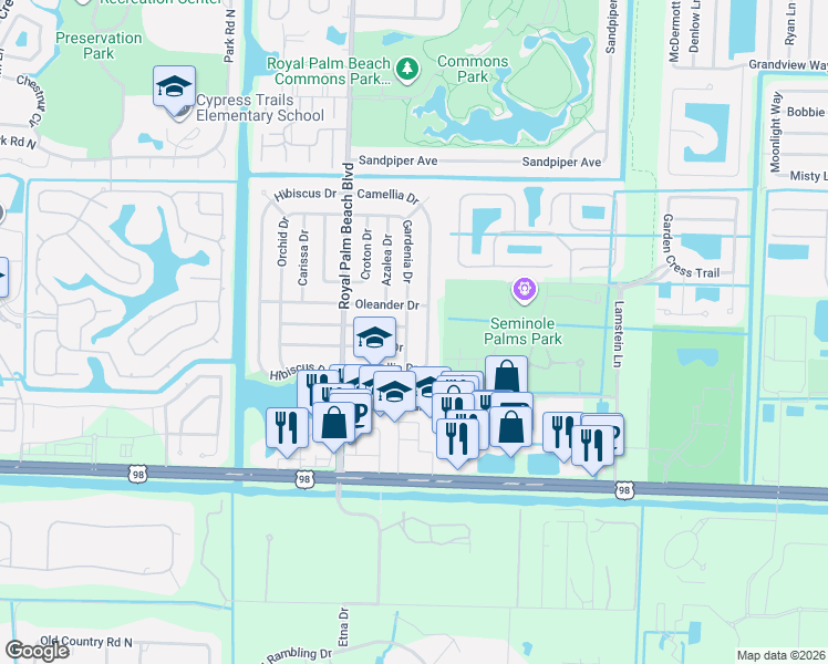 map of restaurants, bars, coffee shops, grocery stores, and more near 772 Gardenia Drive in Royal Palm Beach