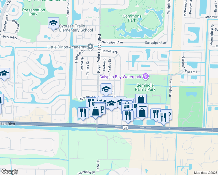 map of restaurants, bars, coffee shops, grocery stores, and more near 11614 Balsam Drive in Royal Palm Beach