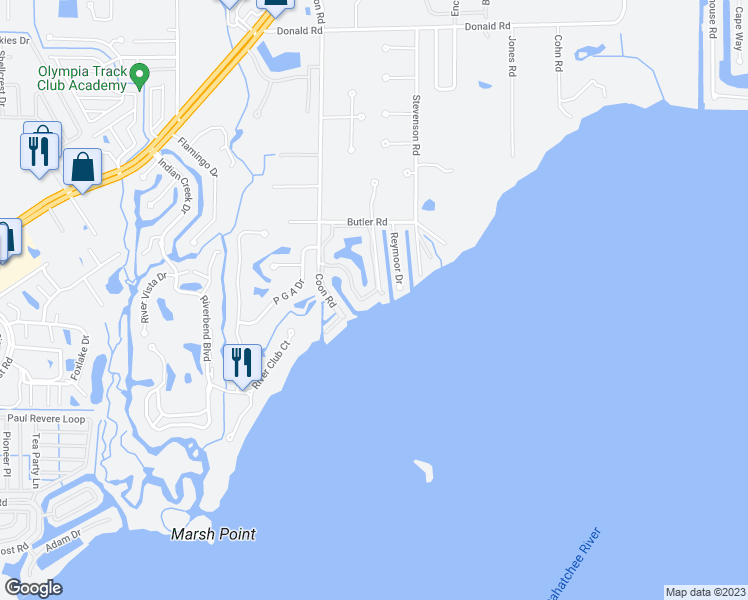 map of restaurants, bars, coffee shops, grocery stores, and more near 15475 Admiralty Circle in North Fort Myers