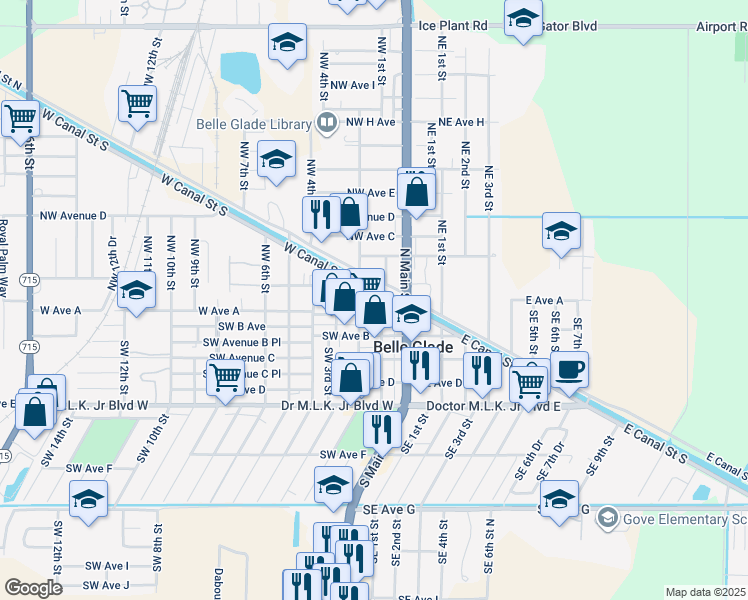 map of restaurants, bars, coffee shops, grocery stores, and more near 40 West Canal Street South in Belle Glade