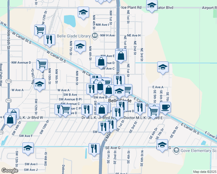 map of restaurants, bars, coffee shops, grocery stores, and more near 40 West Canal Street South in Belle Glade