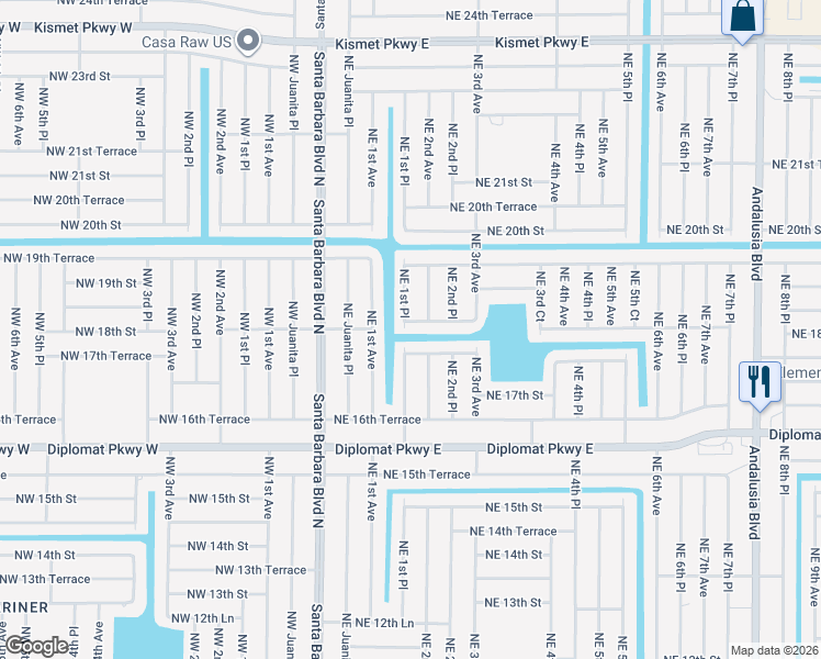 map of restaurants, bars, coffee shops, grocery stores, and more near 124 Northeast 18th Street in Cape Coral