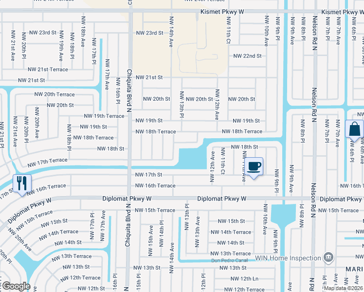 map of restaurants, bars, coffee shops, grocery stores, and more near 1300 Northwest 18th Street in Cape Coral