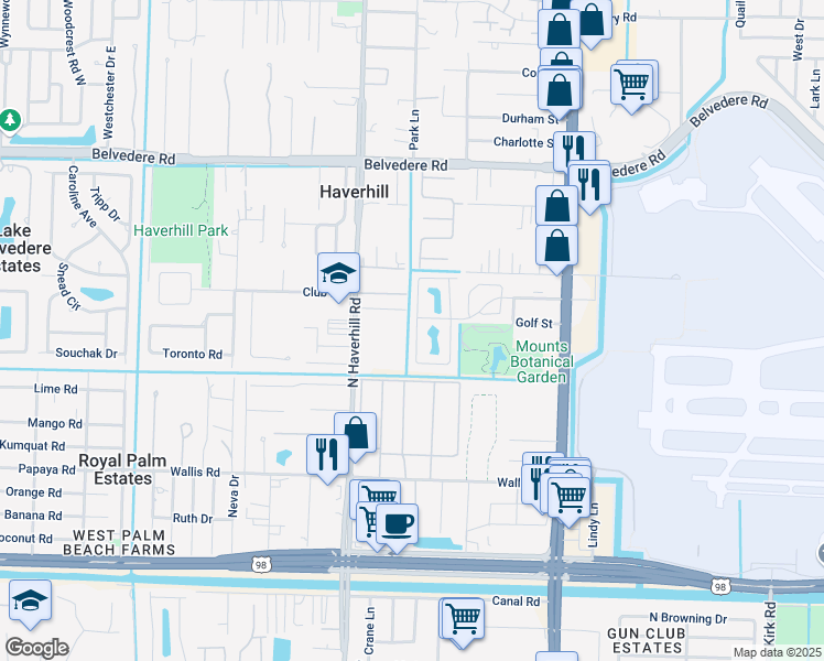 map of restaurants, bars, coffee shops, grocery stores, and more near 4864 Orleans Court in West Palm Beach