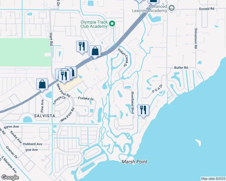 map of restaurants, bars, coffee shops, grocery stores, and more near 15371 River Vista Drive in North Fort Myers