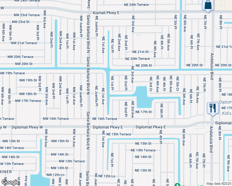 map of restaurants, bars, coffee shops, grocery stores, and more near 124 Northeast 18th Street in Cape Coral