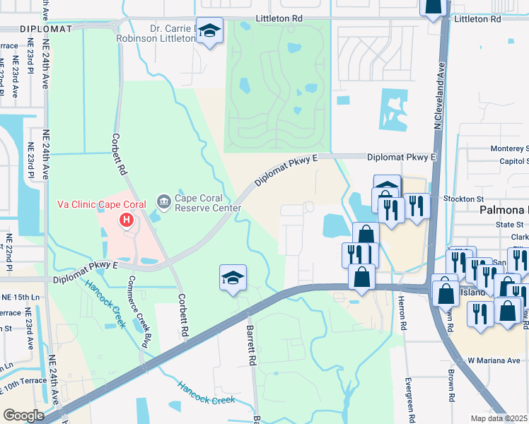 map of restaurants, bars, coffee shops, grocery stores, and more near 2650-2700 Diplomat Parkway East in Cape Coral