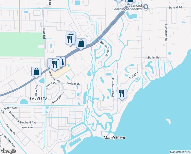 map of restaurants, bars, coffee shops, grocery stores, and more near 15381 River Vista Drive in North Fort Myers