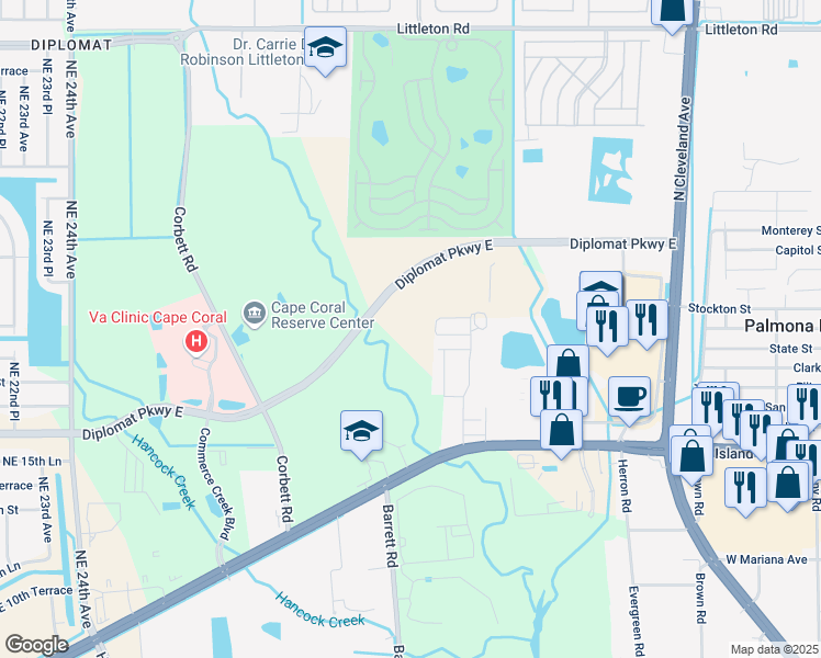 map of restaurants, bars, coffee shops, grocery stores, and more near 2650-2700 Diplomat Parkway East in Cape Coral