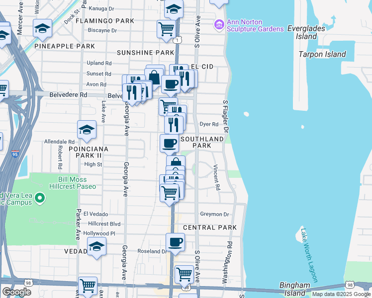 map of restaurants, bars, coffee shops, grocery stores, and more near 323 Westminster Place in West Palm Beach