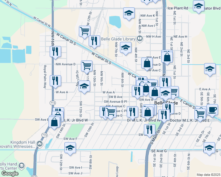 map of restaurants, bars, coffee shops, grocery stores, and more near 109 Northwest 8th Street in Belle Glade