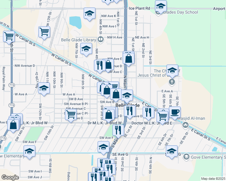 map of restaurants, bars, coffee shops, grocery stores, and more near 125 Northwest 2nd Street in Belle Glade