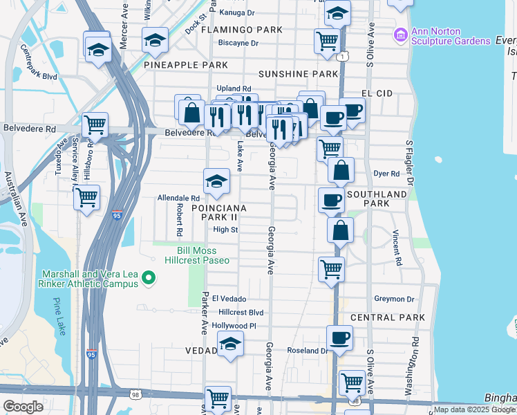 map of restaurants, bars, coffee shops, grocery stores, and more near 720 Tallapoosa Street in West Palm Beach