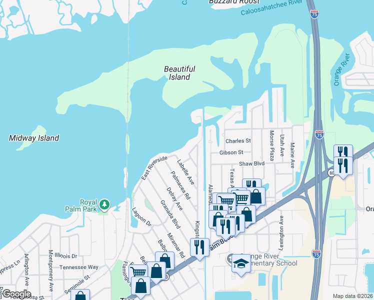 map of restaurants, bars, coffee shops, grocery stores, and more near 4859 East Riverside Drive in Fort Myers