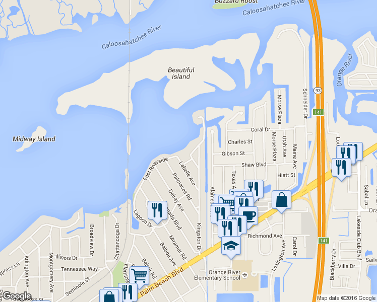 map of restaurants, bars, coffee shops, grocery stores, and more near 4859 East Riverside Drive in Fort Myers