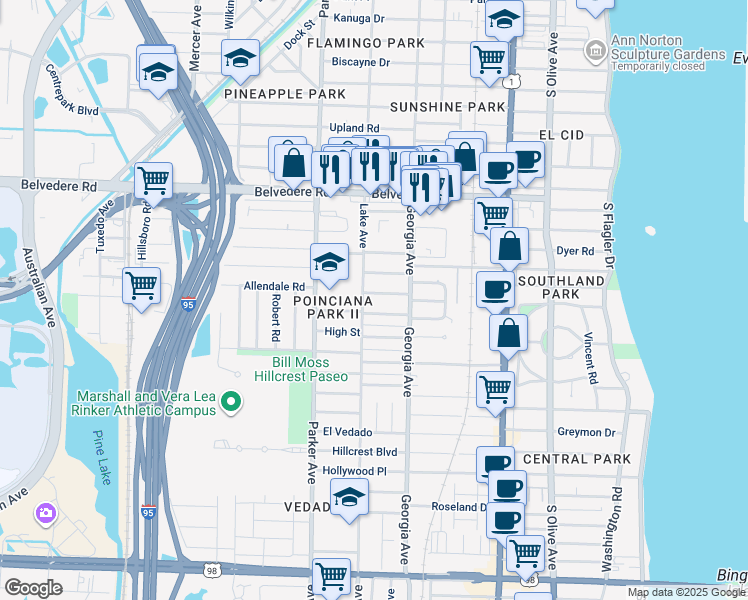 map of restaurants, bars, coffee shops, grocery stores, and more near 720 Tallapoosa Street in West Palm Beach