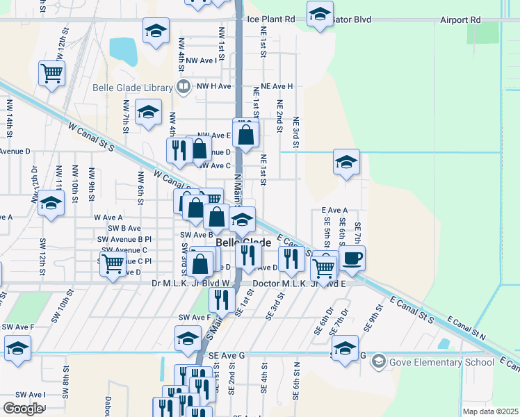 map of restaurants, bars, coffee shops, grocery stores, and more near 136 Northeast 1st Street in Belle Glade