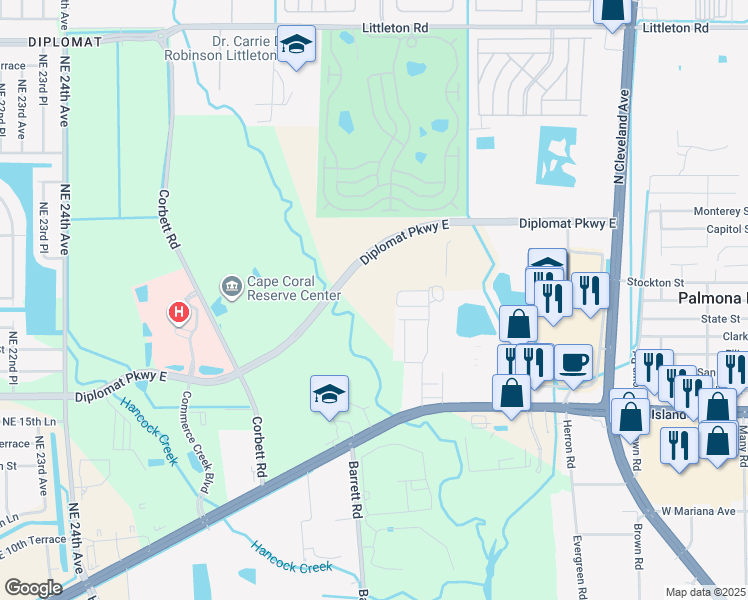 map of restaurants, bars, coffee shops, grocery stores, and more near 2535 Diplomat Parkway East in Cape Coral