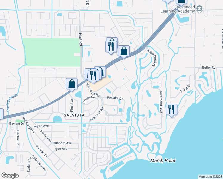 map of restaurants, bars, coffee shops, grocery stores, and more near 15405 Crystal Lake Drive in North Fort Myers
