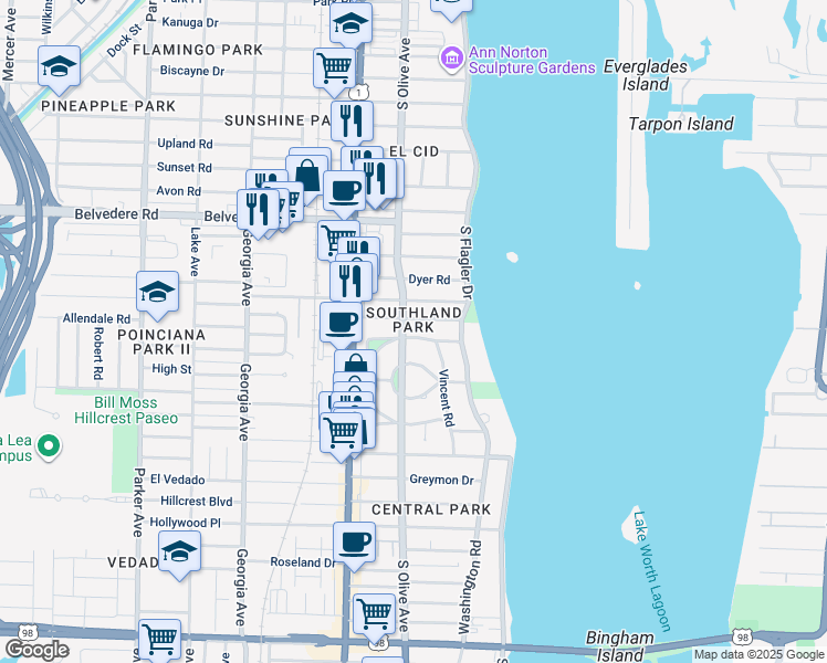 map of restaurants, bars, coffee shops, grocery stores, and more near 219 Westminster Rd in West Palm Beach