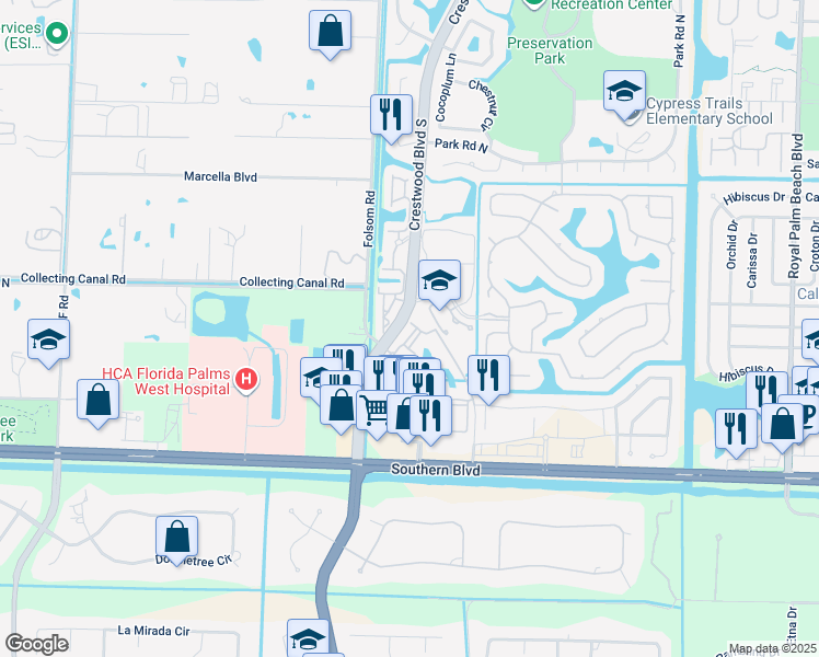 map of restaurants, bars, coffee shops, grocery stores, and more near 200 Crestwood Court North in Royal Palm Beach