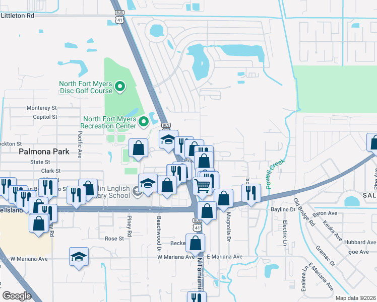 map of restaurants, bars, coffee shops, grocery stores, and more near 1904 North Tamiami Trail in North Fort Myers