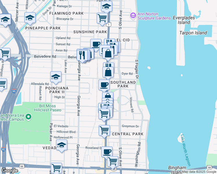 map of restaurants, bars, coffee shops, grocery stores, and more near 323 Westminster Place in West Palm Beach