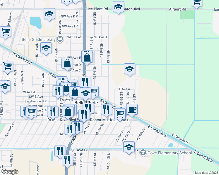 map of restaurants, bars, coffee shops, grocery stores, and more near 121 Northeast 3rd Street in Belle Glade