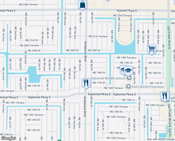 map of restaurants, bars, coffee shops, grocery stores, and more near 1813 Andalusia Boulevard in Cape Coral