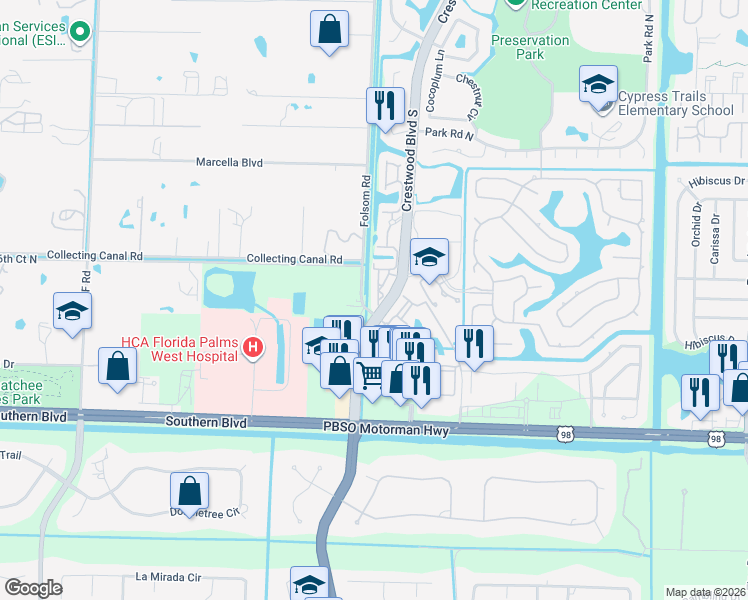 map of restaurants, bars, coffee shops, grocery stores, and more near 200 Crestwood Court North in Royal Palm Beach