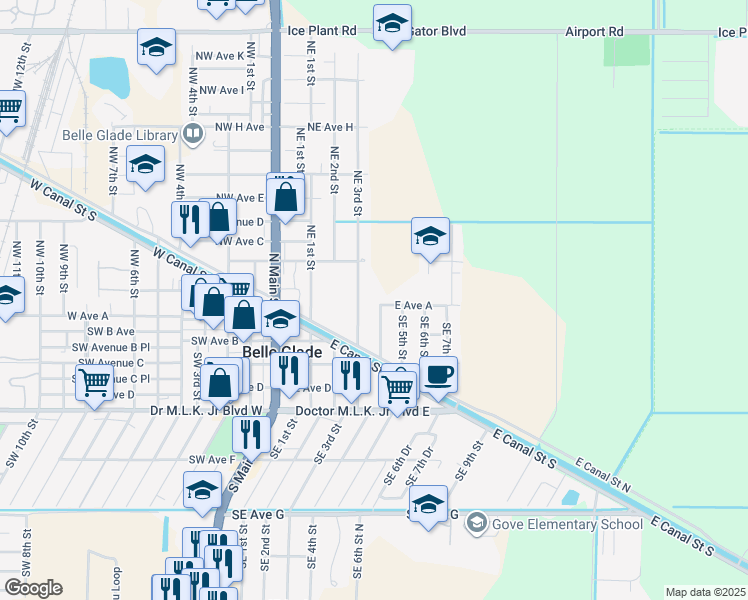 map of restaurants, bars, coffee shops, grocery stores, and more near 121 Northeast 3rd Street in Belle Glade