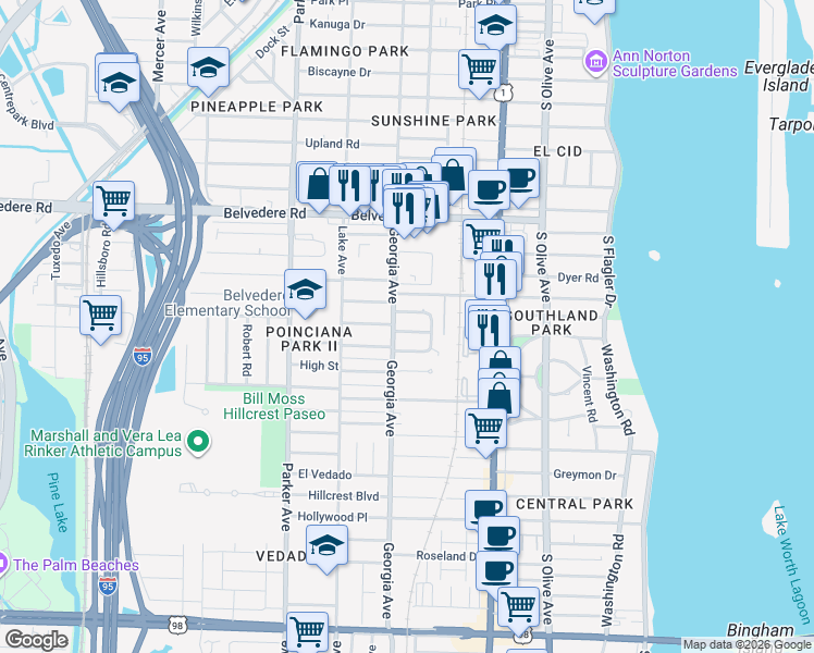 map of restaurants, bars, coffee shops, grocery stores, and more near 617 Hudson Road in West Palm Beach