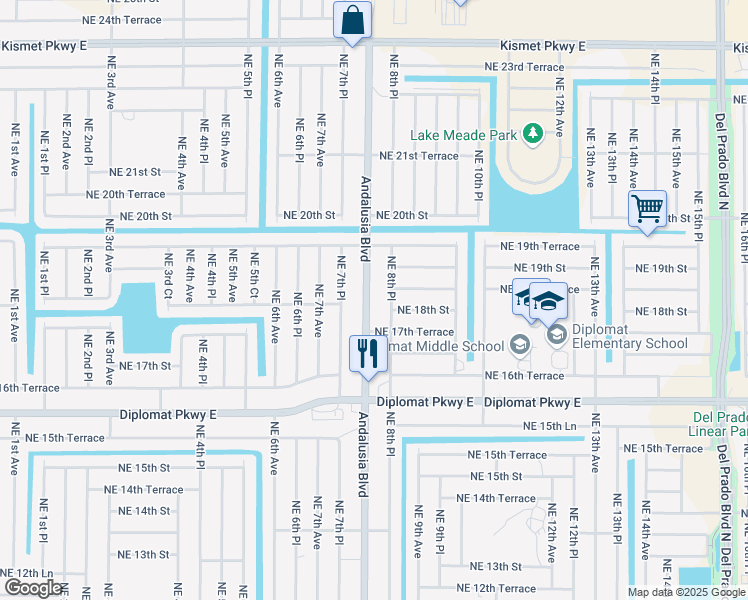map of restaurants, bars, coffee shops, grocery stores, and more near 1813 Andalusia Boulevard in Cape Coral