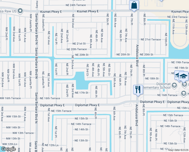 map of restaurants, bars, coffee shops, grocery stores, and more near 1809 Northeast 4th Avenue in Cape Coral