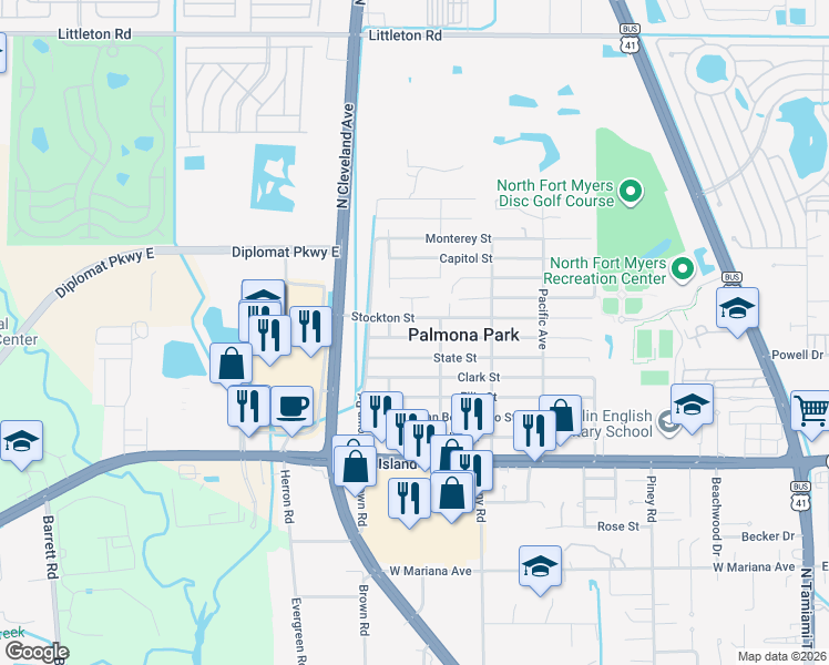 map of restaurants, bars, coffee shops, grocery stores, and more near 544 Sacramento Street in North Fort Myers